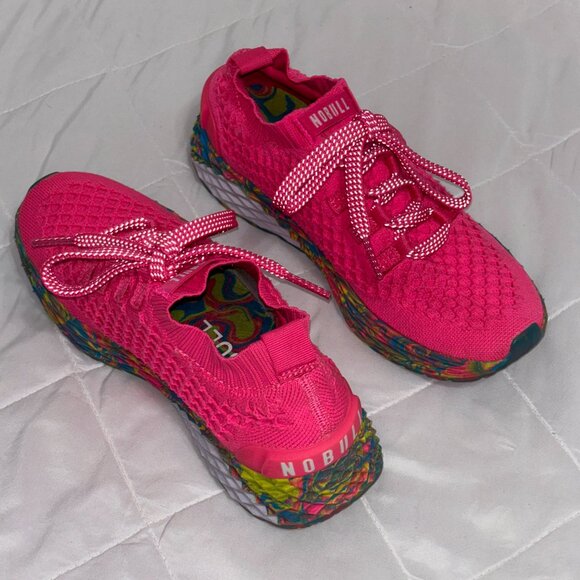 NOBULL Women’s 6.5 Knit Runners Hot Pink Reflective Laces Multicolor Sole Shoes - Picture 10 of 14